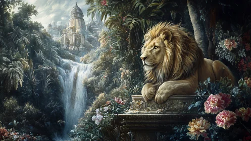 Majestic lion watches over a lush waterfall kingdom