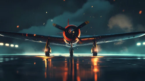 Warbird prop plane glows on rain‑slick night runway.