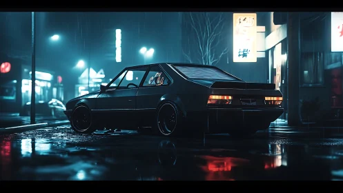 Retro coupe in neon‑lit rain environment with cinematic depth cues