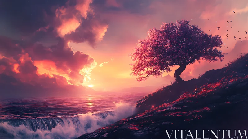 Twilight blossom tree watching neon surf break below.