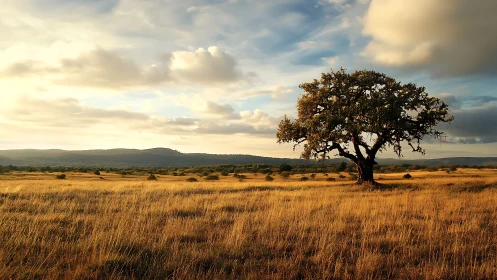 Solitary oak under glowing sunset sky on golden plain.