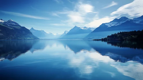 Glacial lake panorama with snowcapped ranges and mirrored sky