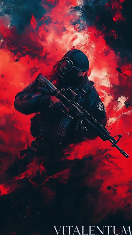 Tactical operator with assault rifle in red abstract smoke field.