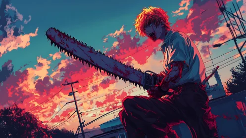 Bloodlit chainsaw drifter beneath riot-red electric skies.