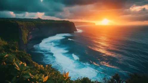 Sunset light pours over dramatic ocean cliffs and surf.