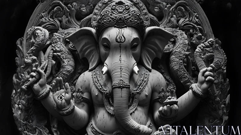 Monochrome sculptural depiction of multi-armed Ganesha figure.