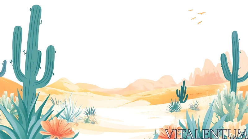 Desert cacti illustration with warm dunes and teal flora.