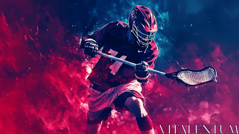 Neon storm lacrosse warrior carving light through smoke.