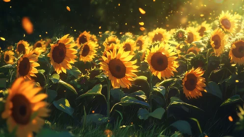 Backlit sunflower field renders cinematic golden-hour illumination