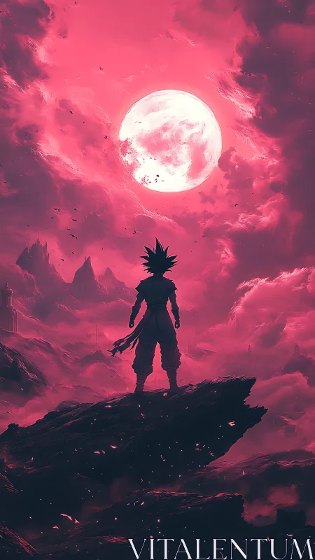 Lone warrior silhouetted beneath luminous crimson moon.