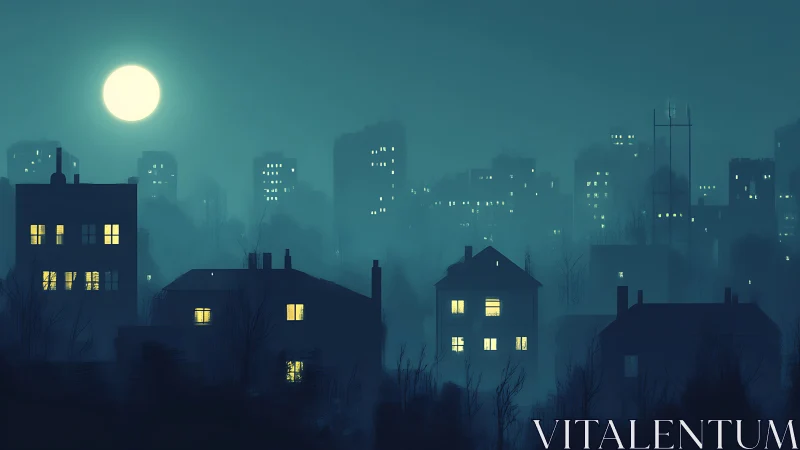 Nocturnal urban skyline rendered in foggy cyan gradients