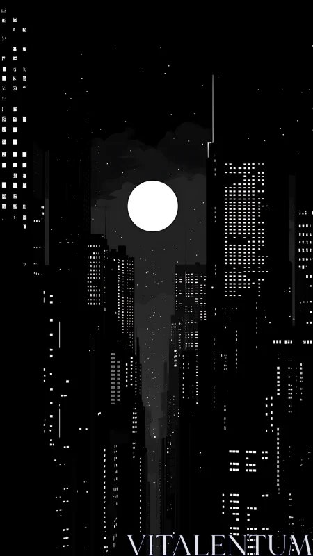Monochrome city skyline with full moon above dense towers.