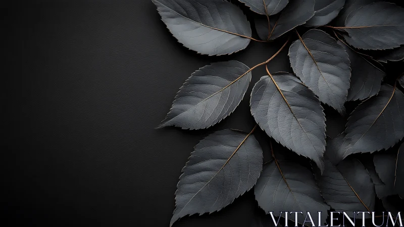 Dark matte leaves spread across a minimalist black background.