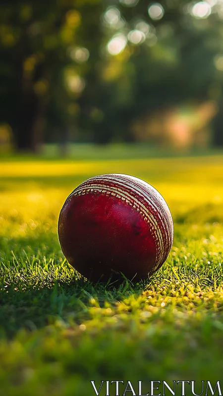 Cricket ball rests on sunlit grass in warm evening glow.