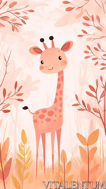 Playful cartoon giraffe in pastel botanical forest scene.