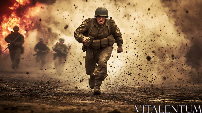 Rugged soldiers charge forward through smoke, fire and chaos