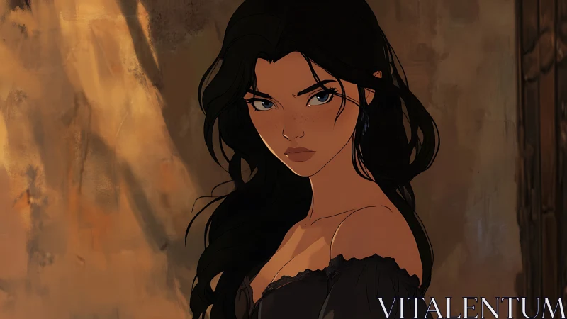 Dark-haired woman in off-shoulder top against muted wall.