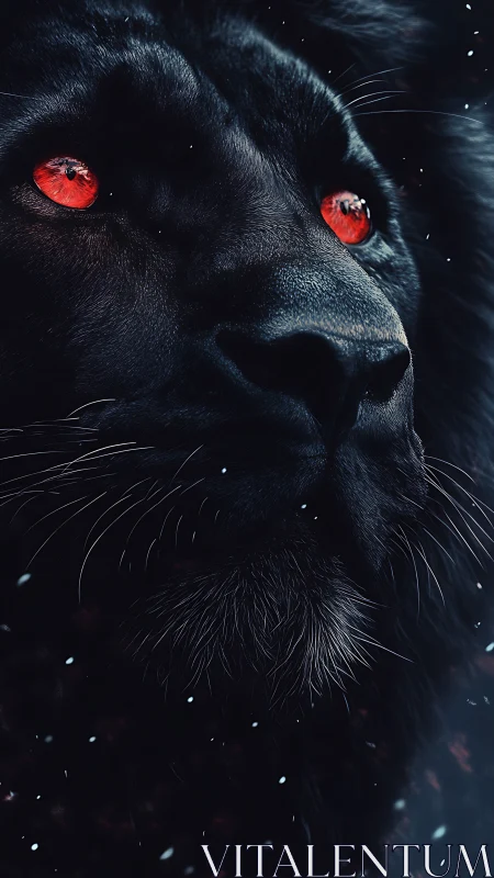 Close-up portrait of black panther with red eyes in snow.