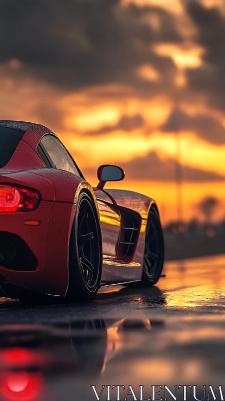 Low-slung red sports car on wet asphalt at dramatic sunset