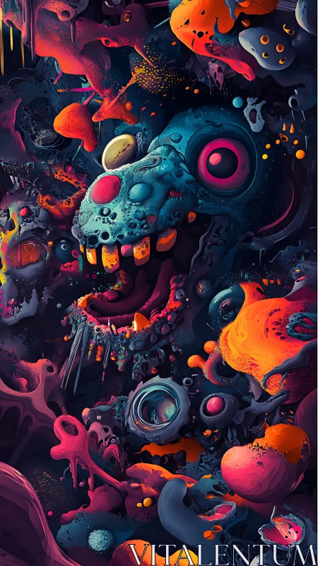 Grotesque neon creature unravels in a chaotic cosmic void