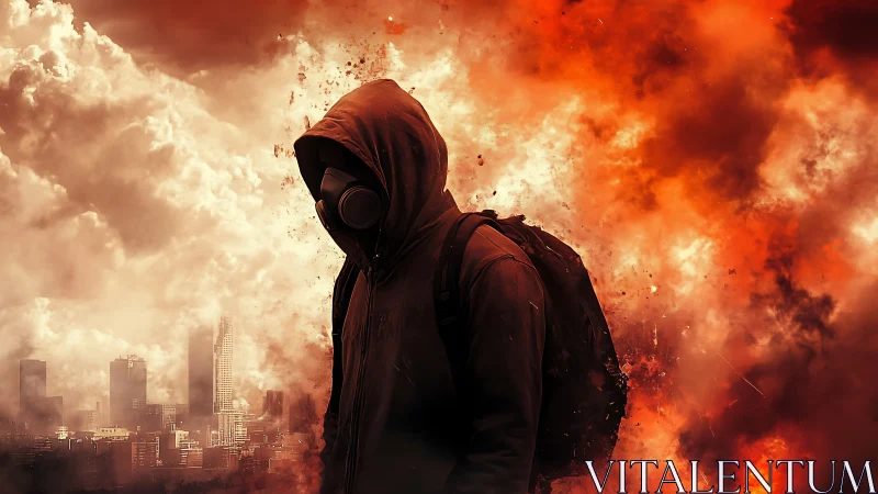 Hooded masked figure stands before dense urban explosion