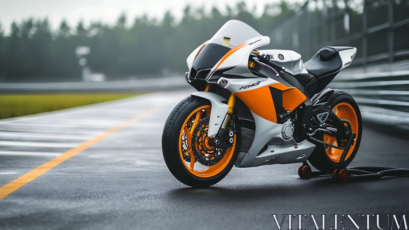 Track-ready sport motorcycle waits on a wet racing circuit