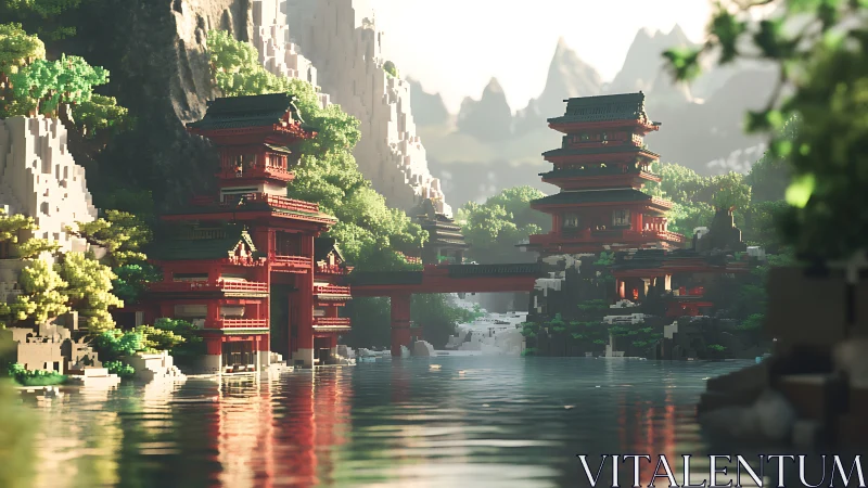 Sunlit pixel pagoda retreat by a tranquil mountain river.