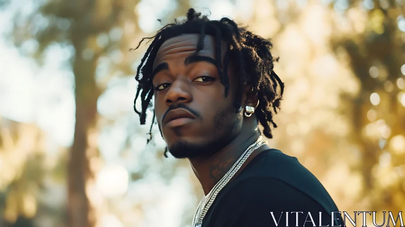 Shallow-depth outdoor portrait with warm bokeh lighting effects