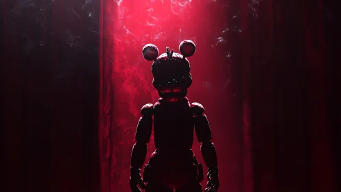 Animatronic bear silhouette stands in red backlit haze