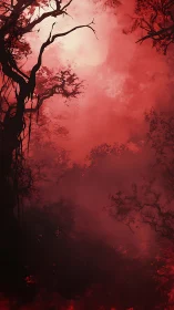 Blood-red forest wraps twisted silhouettes around hazy moon
