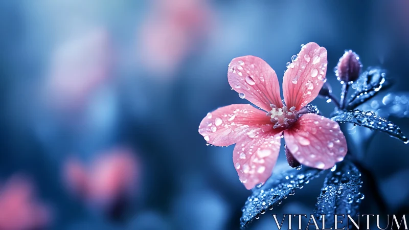 Rain-kissed pink blossom glowing in a midnight blue dreamscape.