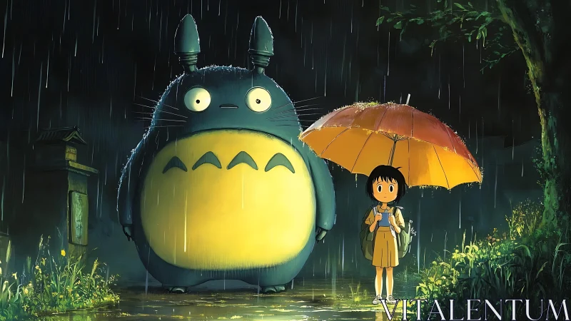 Gentle forest giant sharing a rainy-night umbrella moment.