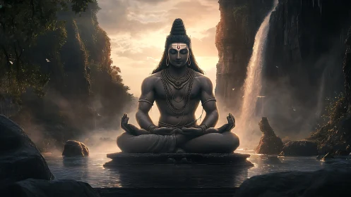 Divine Shiva meditation amid waterfalls in ethereal valley.
