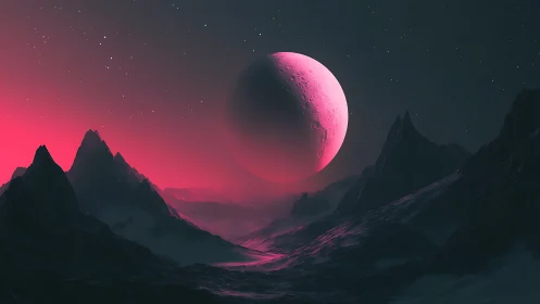 Crimson alien moon rises gently above shadowed valleys