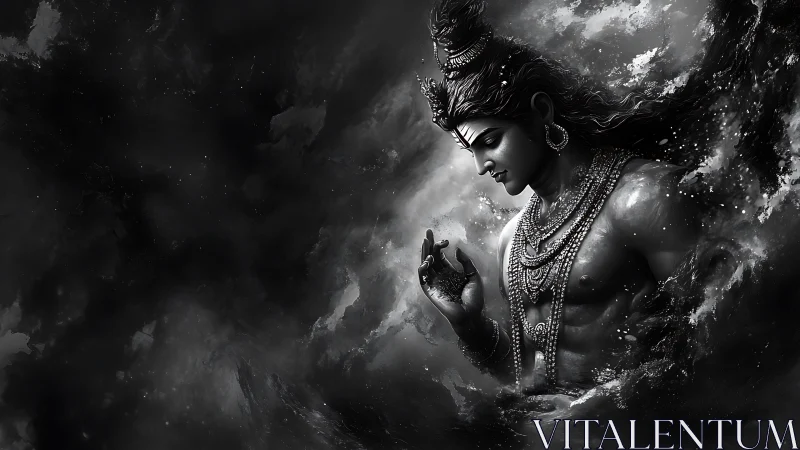 Monochrome divine figure emerging from swirling cosmic void