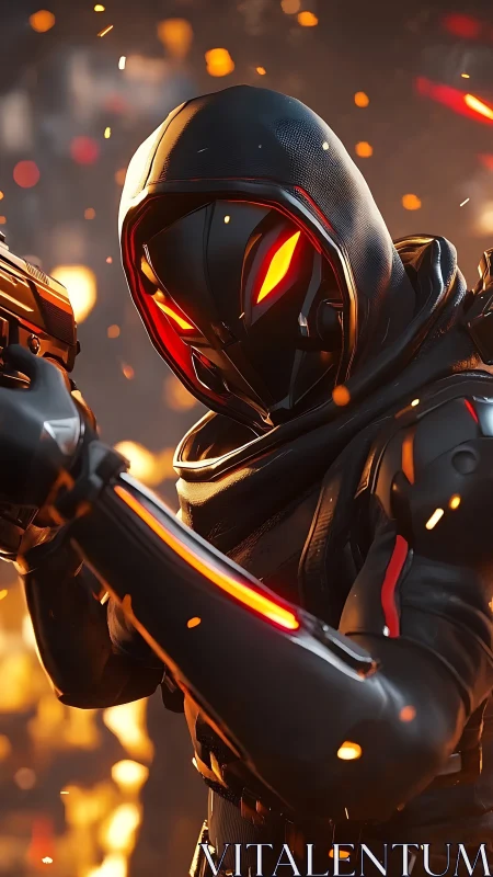 Futuristic hooded soldier aims weapon amid glowing embers
