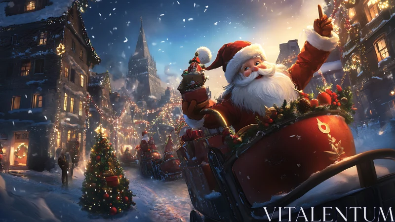 Digital painting of festive Santa parade in snowy village street.