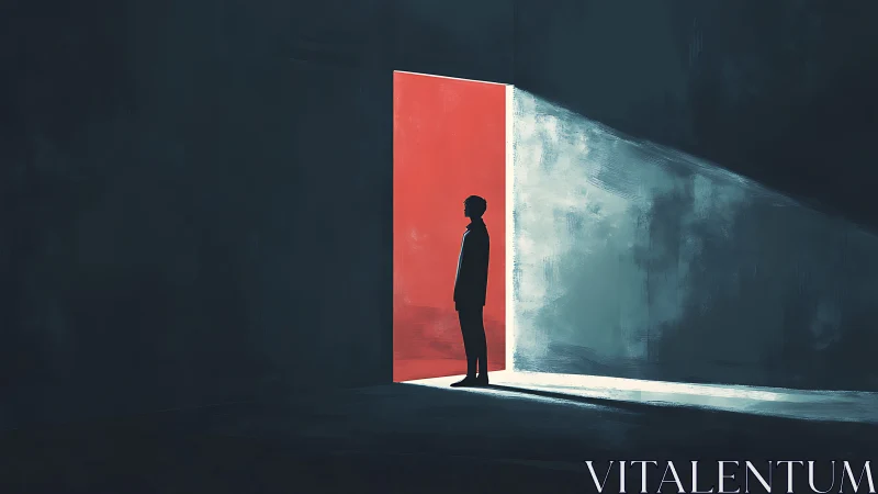 Silhouetted figure in doorway with angled light and shadow.