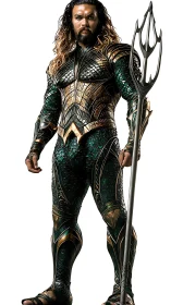 Atlantean warrior in emerald scale armor with trident pose.