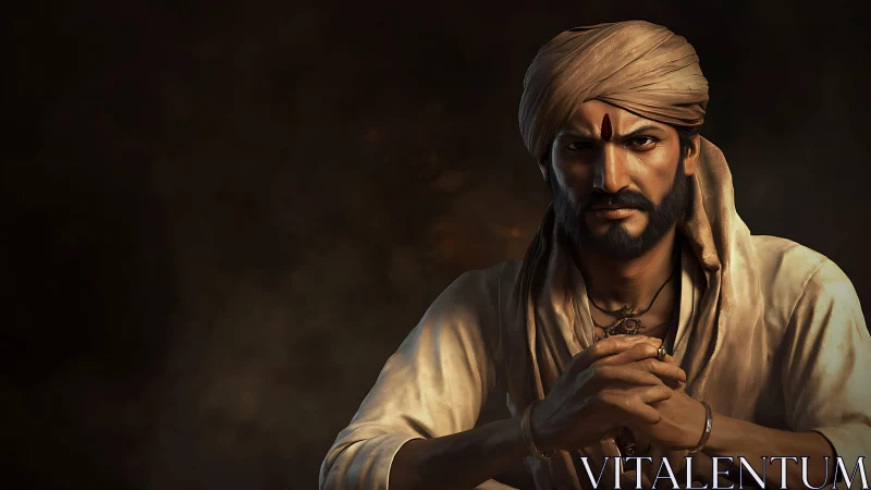 Cinematic digital portrait renders intense turbaned leader