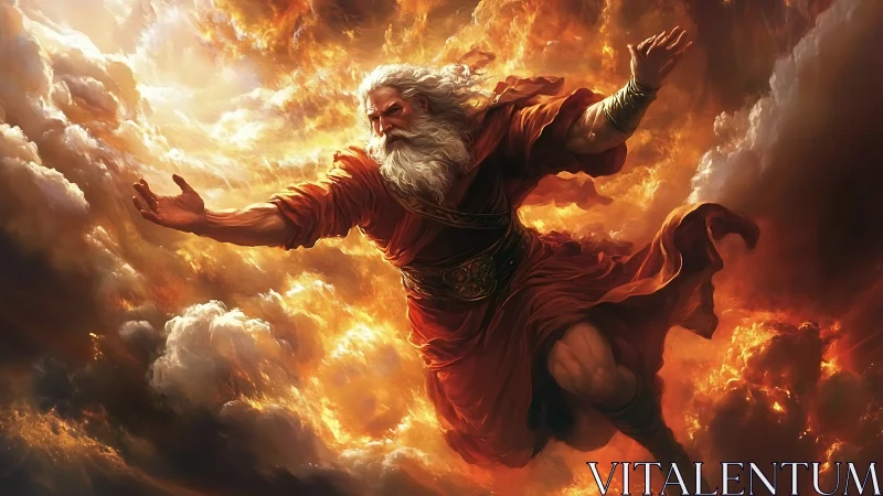 Storm-wreathed sky elder striding through molten clouds.