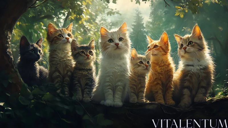 Luminescent feline ensemble within verdant forest canopy environment.