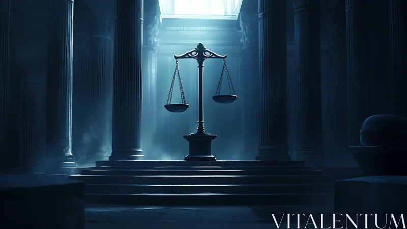 Monumental justice scales in cinematic neoclassical chamber