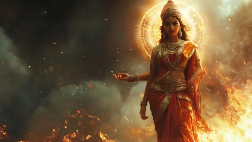 Divine female figure in ornate regalia amid volumetric fire and smoke