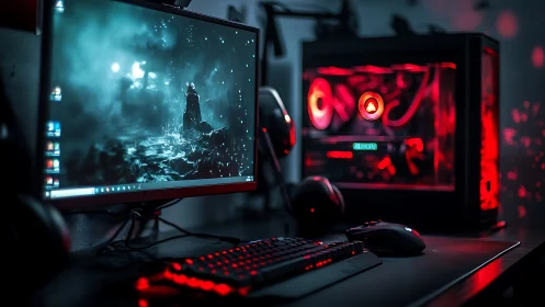 Cozy red-lit gaming PC corner glowing with evening energy.