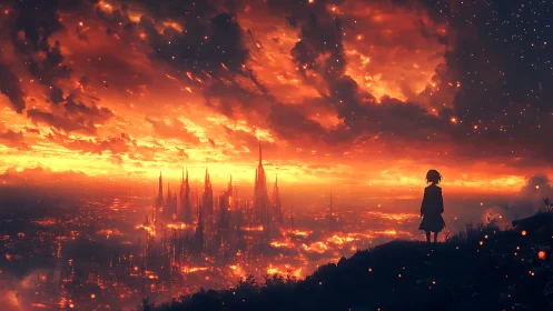 Silhouetted figure observing illuminated fiery cityscape horizon.