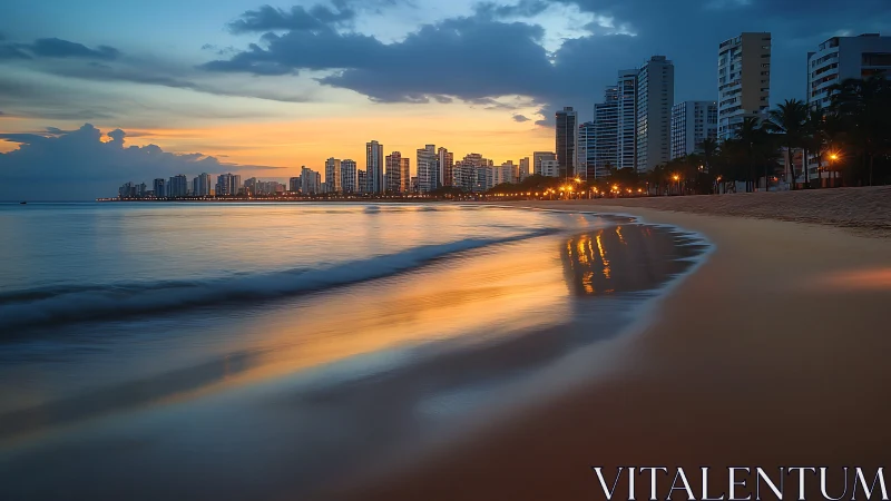 Coastal city skyline at dusk with glowing shoreline reflections.