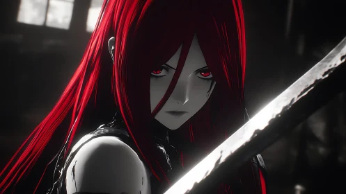 Crimson-eyed swordswoman in stark monochrome lighting focus.