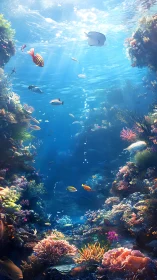 Sunlit tropical reef with colorful fish and rich corals.