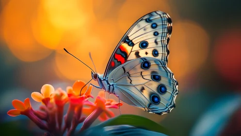 Butterfly on orange blooms against soft sunset bokeh.